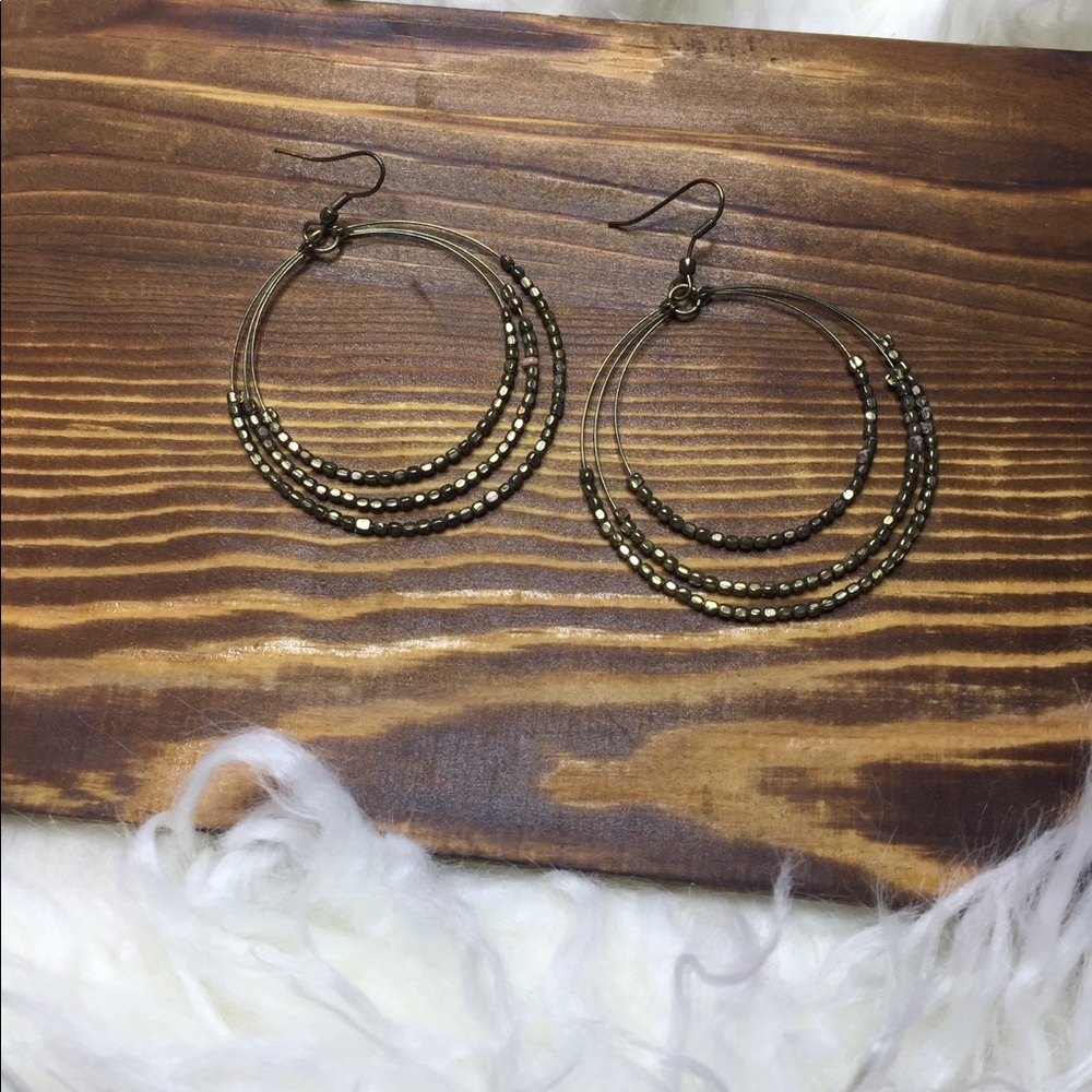 Bronze Tone Beaded Triple Hoop Earrings.